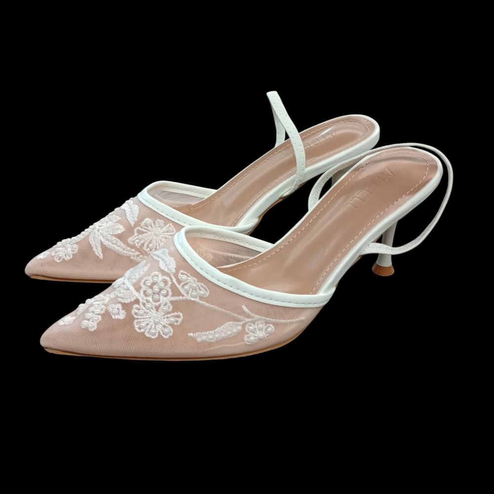 Embroidered Mesh Slingback Heels in Blush and White